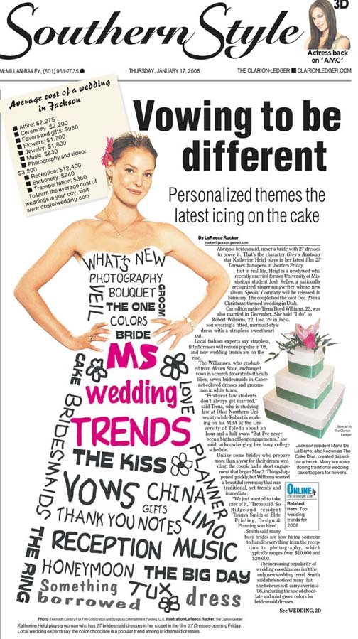 A picture of a newspaper article that features a woman in a wedding dress with words written all over it.
