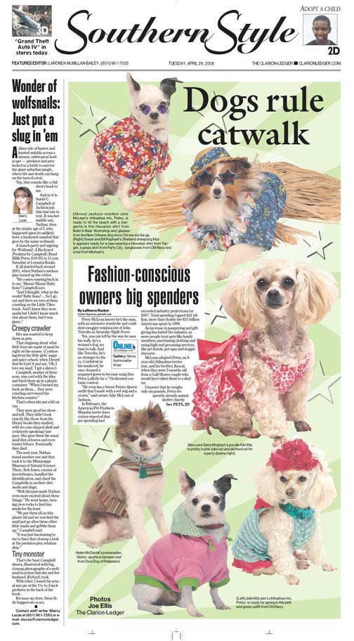This is a picture of a newspaper page with dogs wearing clothing.
