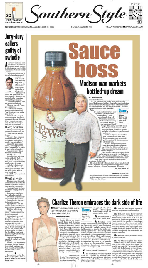 This is a picture of a newspaper page with a man who makes sauces.