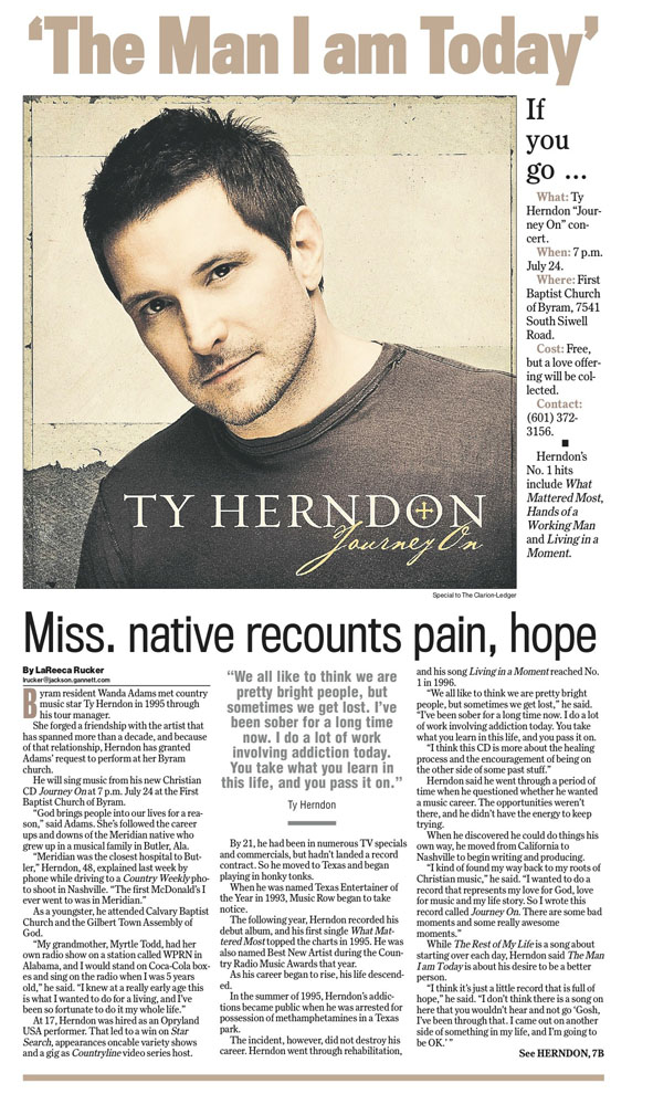 This is a picture of a newspaper page featuring a story about musician Ty Herndon.