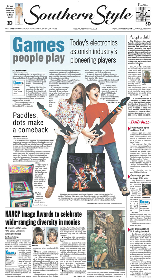 This is a picture of a newspaper page with two children playing Guitar Hero for a story about video games.